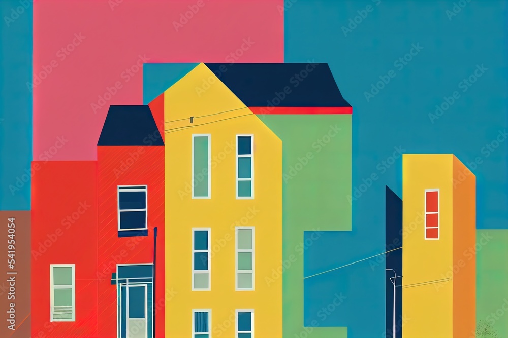 Poster a colorful building with colorful decorations and a colorful clock on the background. seamless templ