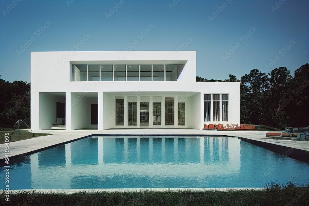 Poster a large white pool with a blue sky behind it. seamless template generative ai
