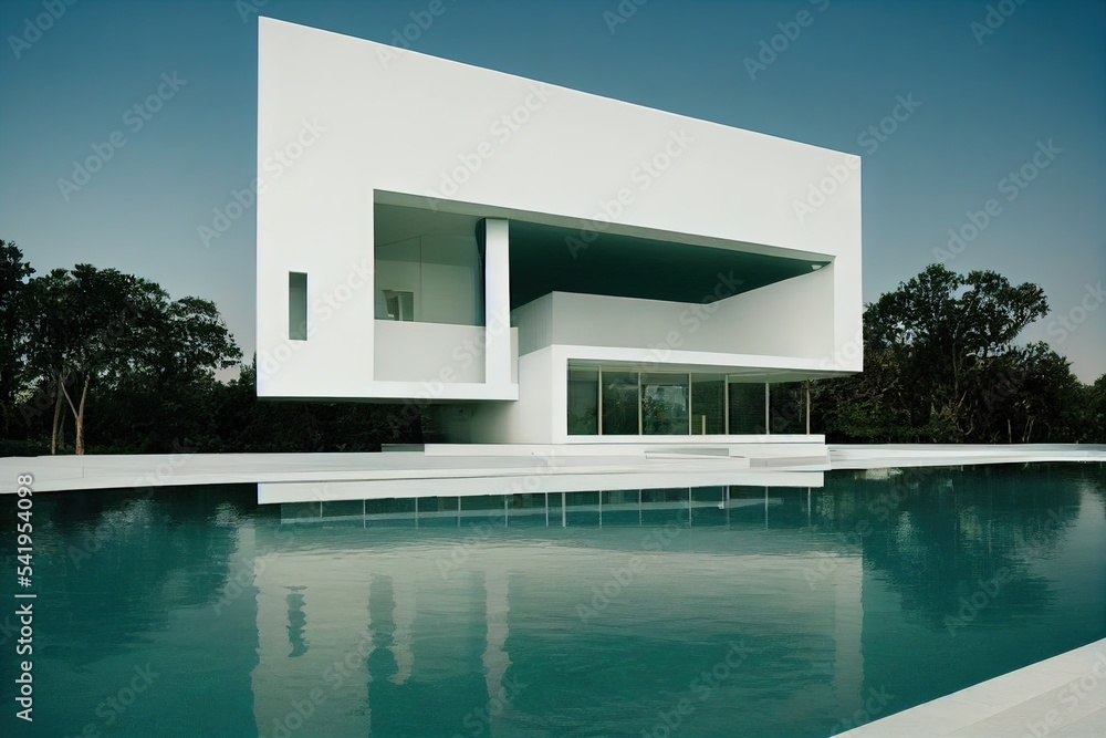 Poster a large white pool with a glass bowl and trees next to the pool. seamless template generative ai