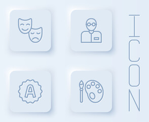 Set line Comedy and tragedy masks, Teacher, Exam sheet with A plus grade and Paint brush palette. White square button. Vector