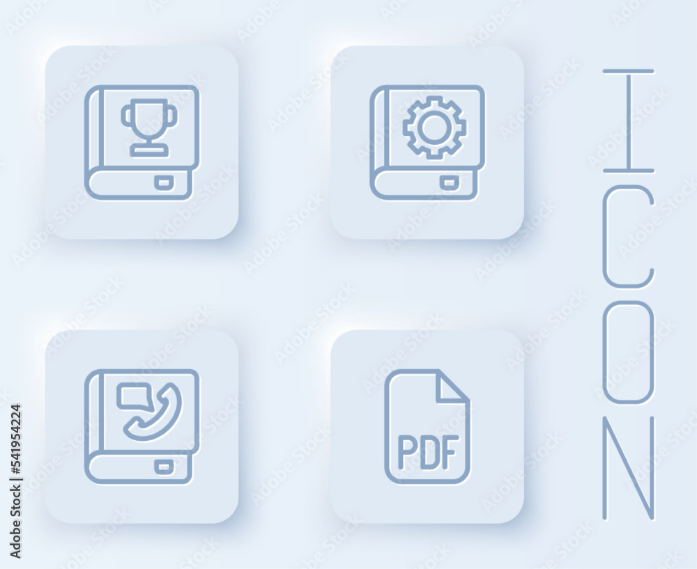 Poster set line book, user manual, phone book and pdf file document. white square button. vector
