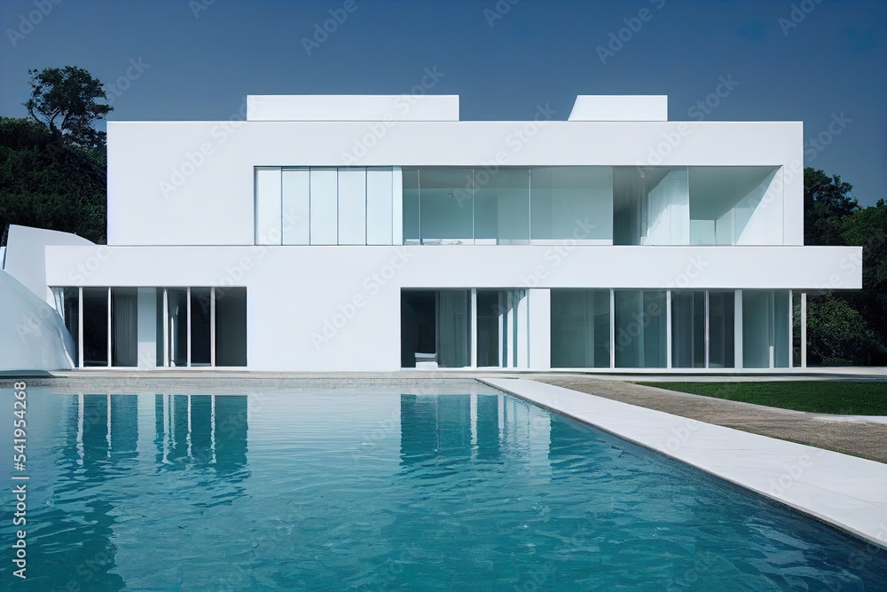 Poster a large white pool with a glass building and trees next to the pool. seamless template generative ai