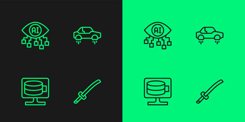 Set line Katana, Cloud database, Computer vision and Fantastic flying car icon. Vector