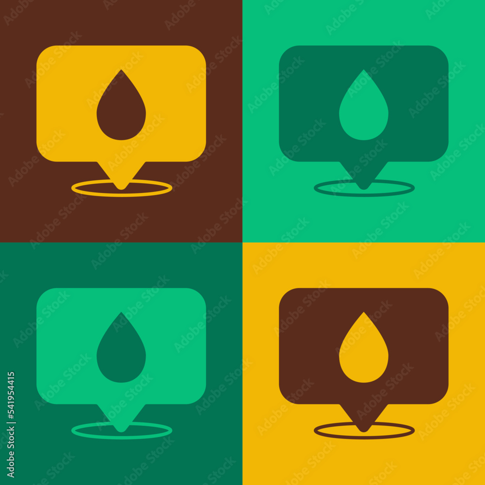 Poster pop art water drop with location icon isolated on color background. vector