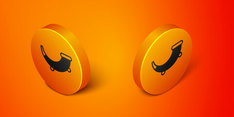 Isometric Hunting horn icon isolated on orange background. Orange circle button. Vector