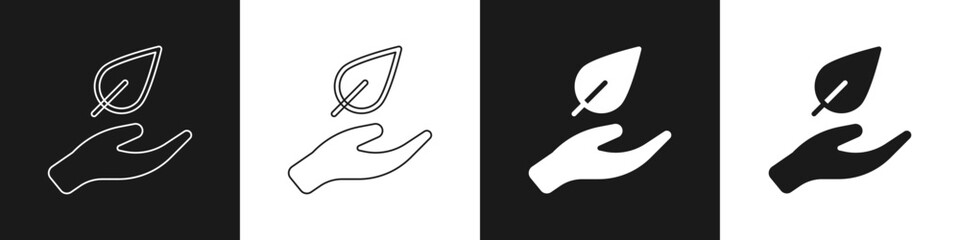 Set Hand hold a leaf of the plant icon isolated on black and white background. Care nature. Leaf shoots with environmental protection. Vector