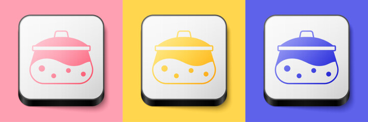 Isometric Cooking pot icon isolated on pink, yellow and blue background. Boil or stew food symbol. Square button. Vector