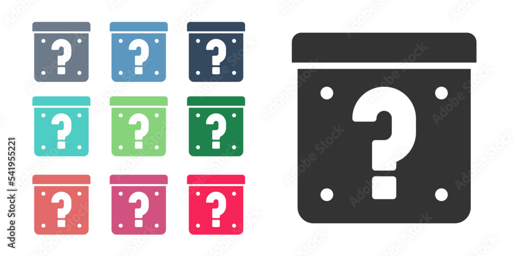 Poster black mystery box or random loot box for games icon isolated on white background. question mark. unk