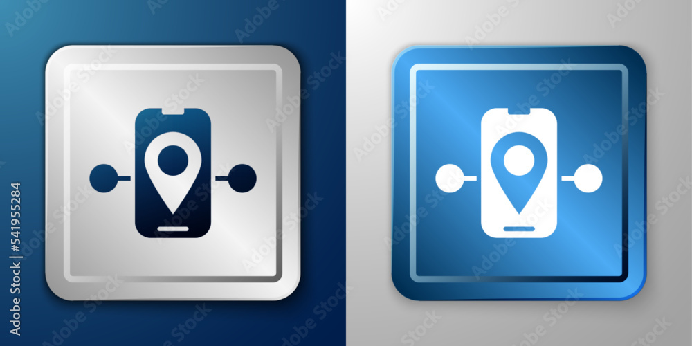 Poster white route location icon isolated on blue and grey background. train line path of train road route 