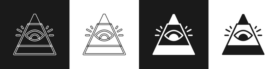 Set Masons symbol All-seeing eye of God icon isolated on black and white background. The eye of Providence in the triangle. Vector