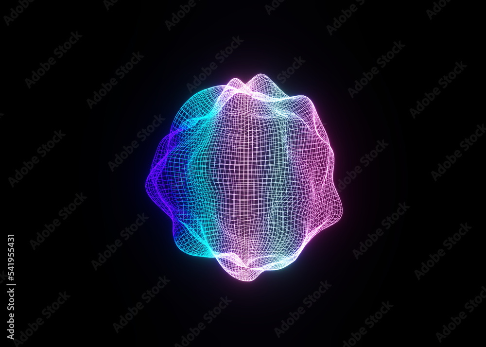 Poster abstract deformed 3d sphere. bright glowing radial or circular digital equalizer. 3d illuminated dis
