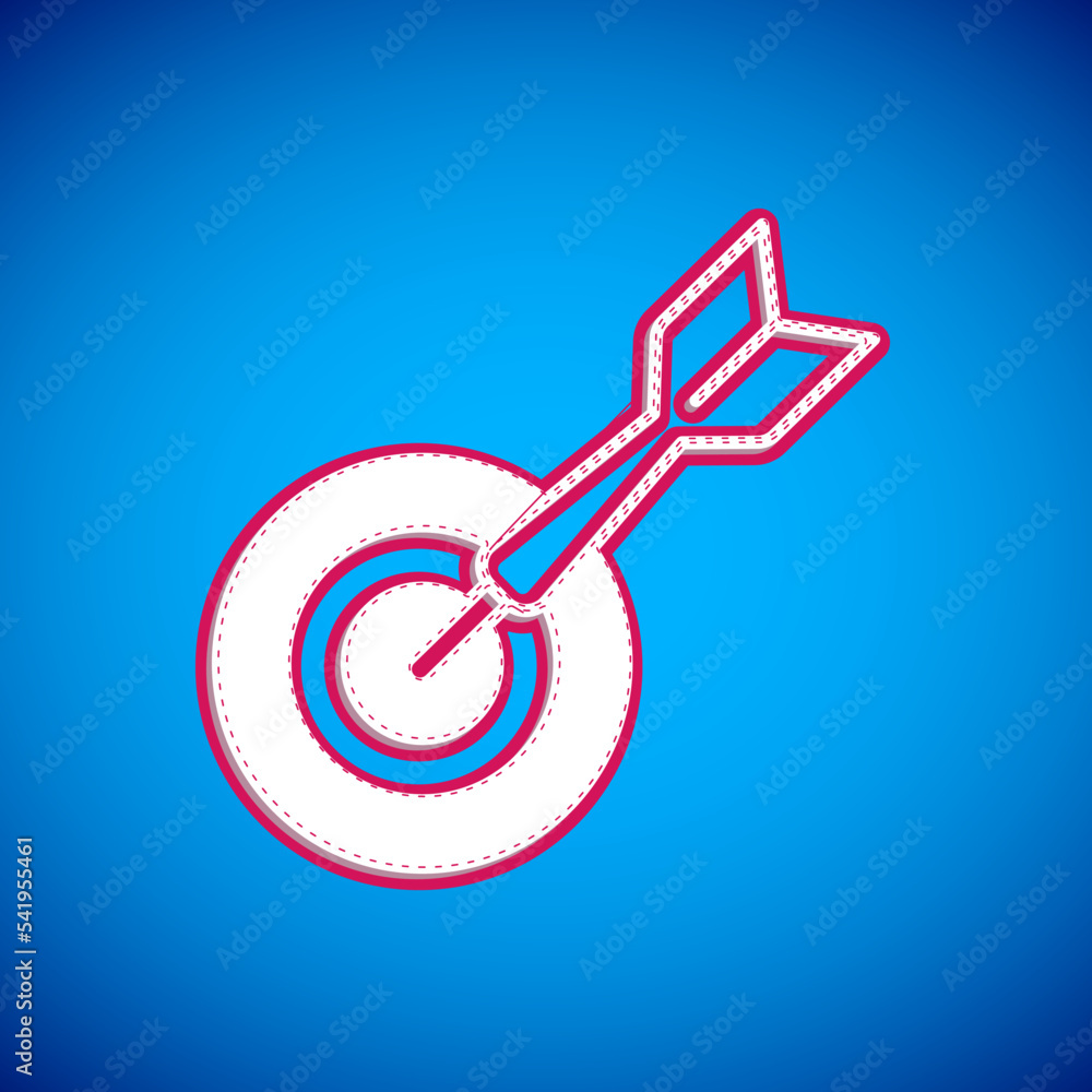 Poster white classic dart board and arrow icon isolated on blue background. dartboard sign. game concept. v