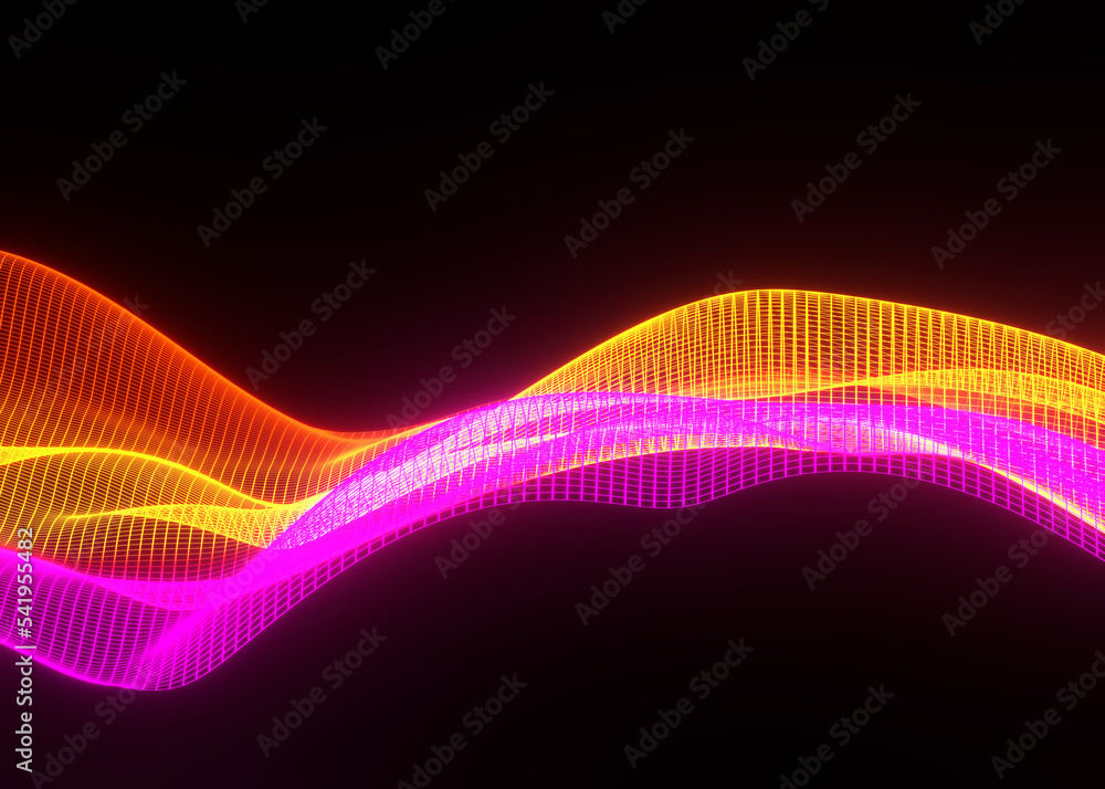 Poster 3d abstract background of flying neon particles in motion, wavy lines flow big data technology and s