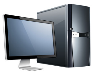 Personal computer with monitor isolated, PC icon illustration.