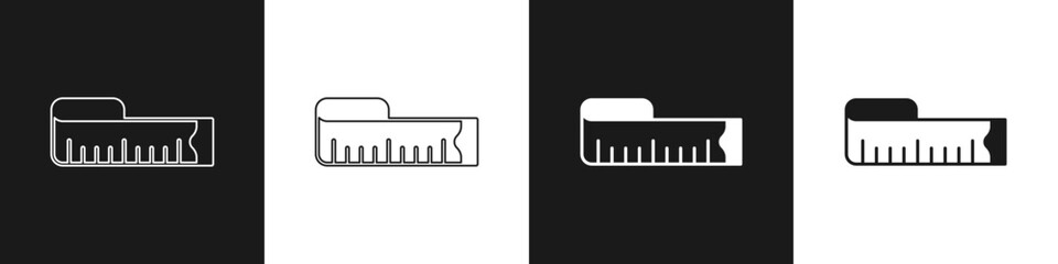 Set Tape measure icon isolated on black and white background. Measuring tape. Vector