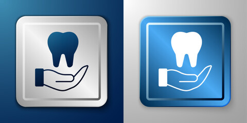 White Tooth icon isolated on blue and grey background. Tooth symbol for dentistry clinic or dentist medical center and toothpaste package. Silver and blue square button. Vector