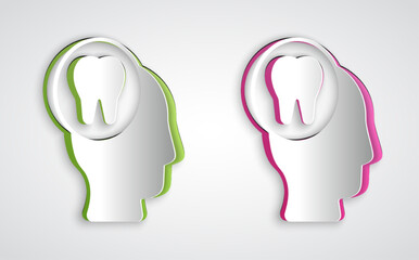 Paper cut Toothache icon isolated on grey background. Paper art style. Vector