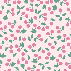 Simple berry pattern. small pink cherry, green leaves. ligt pink background. Fashionable print for kids textiles, wallpaper and packaging.