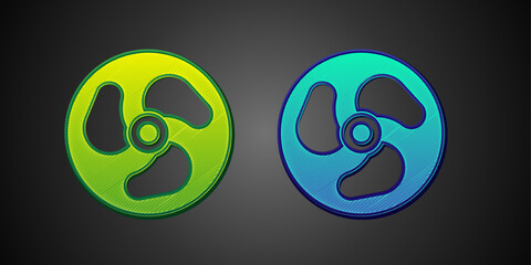Green and blue Outboard boat motor icon isolated on black background. Boat engine. Vector