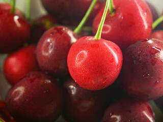 heap of fresh tasty cherries background, top view.