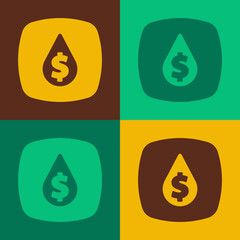 Pop art Oil drop with dollar symbol icon isolated on color background. Oil price. Oil and petroleum industry. Vector