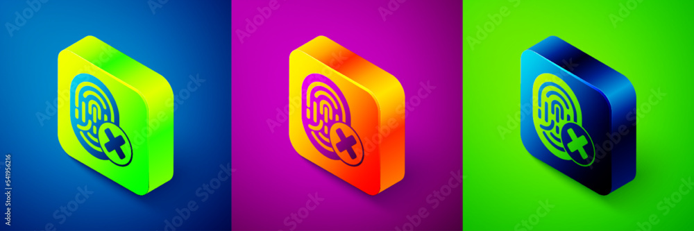 Poster isometric cancelled fingerprint icon isolated on blue, purple and green background. access denied fo