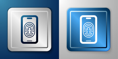 White Smartphone with fingerprint scanner icon isolated on blue and grey background. Concept of security, personal access via finger on mobile. Silver and blue square button. Vector