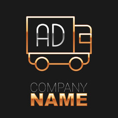 Line Advertising on truck icon isolated on black background. Concept of marketing and promotion process. Responsive ads. Social media advertising. Colorful outline concept. Vector