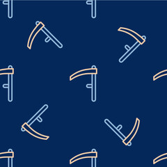 Line Scythe icon isolated seamless pattern on blue background. Happy Halloween party. Vector