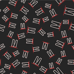Line Drying clothes icon isolated seamless pattern on black background. Clean pants. Wash clothes on a rope with clothespins. Clothing care and tidiness. Vector