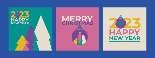 Merry Christmas and Happy New Year Set of backgrounds, greeting cards, posters, holiday covers. Design templates with typography, in modern minimalist style for web, social media, print. Vintage color