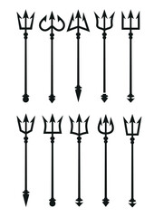 Set of devil trident collection of red different shapes satan's trident carnival party accessory vector illustration on white background - obrazy, fototapety, plakaty