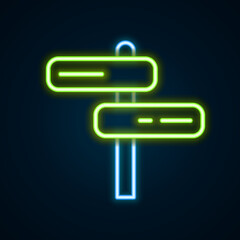 Glowing neon line Road traffic sign. Signpost icon isolated on black background. Pointer symbol. Isolated street information sign. Direction sign. Colorful outline concept. Vector