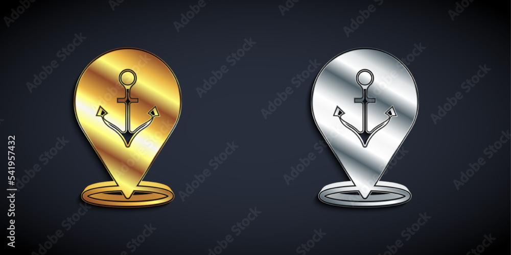 Poster gold and silver map pointer with anchor icon isolated on black background. long shadow style. vector