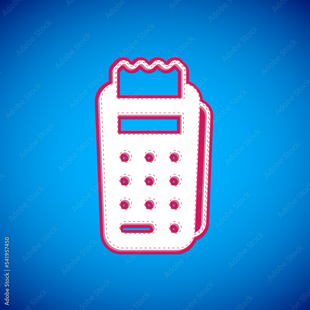 Poster white pos terminal with inserted credit card and printed reciept icon isolated on blue background. n