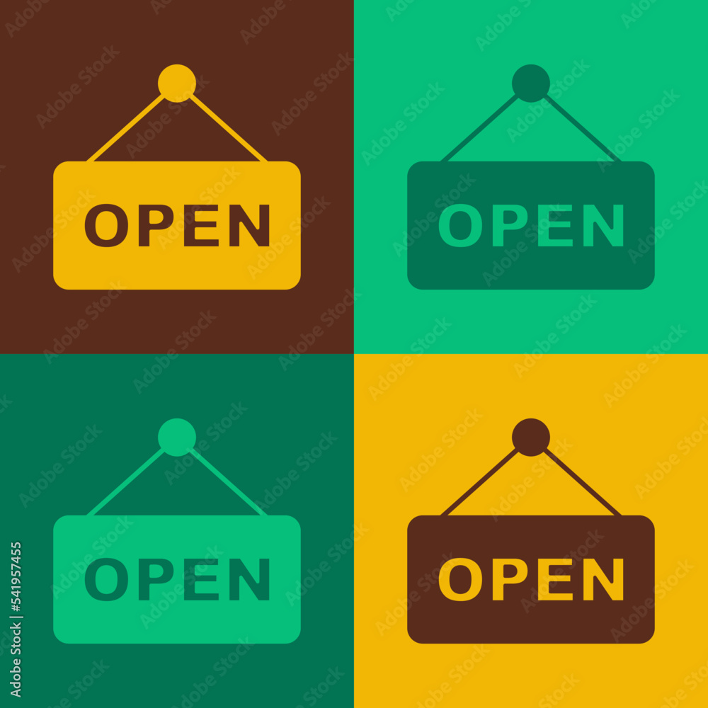 Poster pop art hanging sign with text open door icon isolated on color background. vector