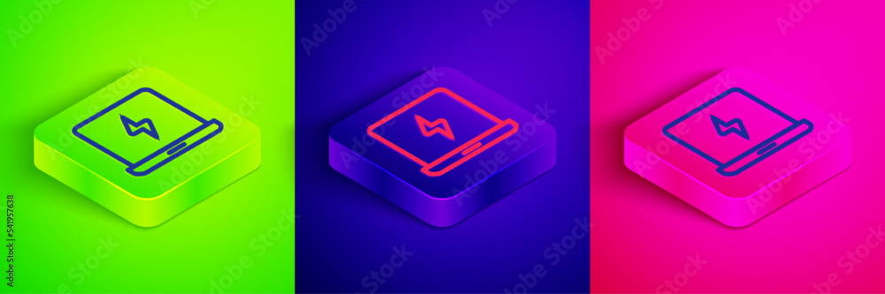 Poster isometric line laptop icon isolated on green, blue and pink background. computer notebook with empty