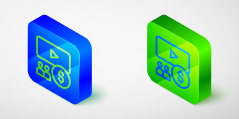 Isometric line Cinema auditorium with screen icon isolated grey background. Blue and green square button. Vector