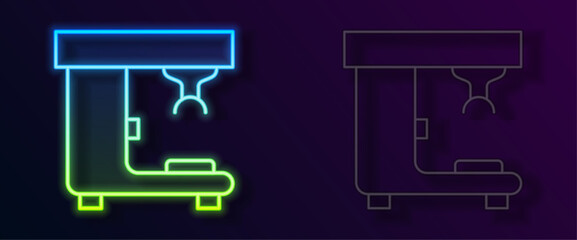 Glowing neon line Coffee machine icon isolated on black background. Vector