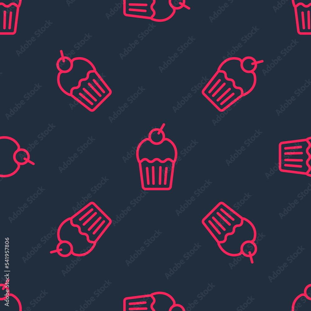 Poster Red line Muffin icon isolated seamless pattern on black background. Vector