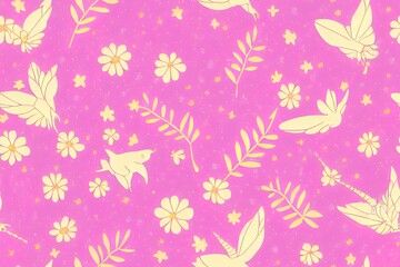 Fototapeta na wymiar Fairy magical garden. Unicorn seamless pattern, pink, blue, gold flowers, leaves , birds and clouds. Kids room wallpaper