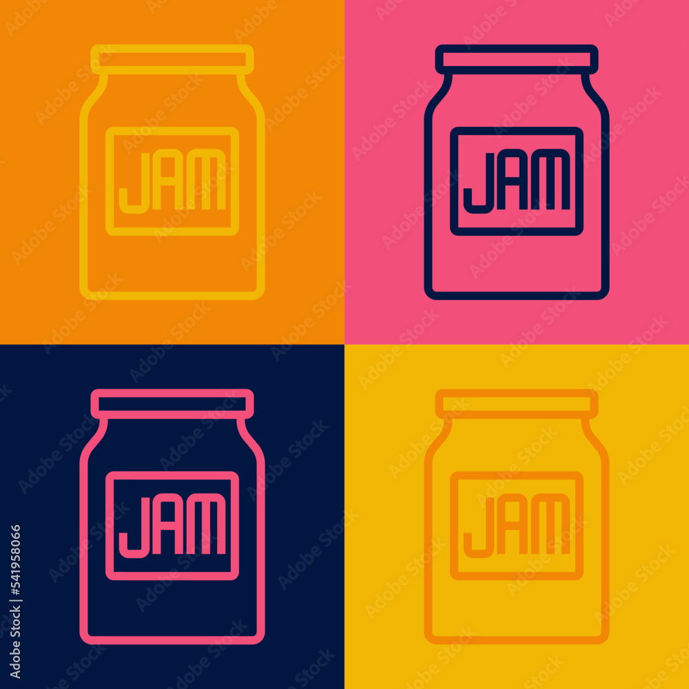 Poster Pop art line Jam jar icon isolated on color background. Vector