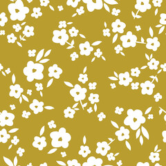 Cute floral pattern in a small flower. Seamless vector texture. An elegant template for fashionable prints. Print with white flowers and leaves. gold background.
