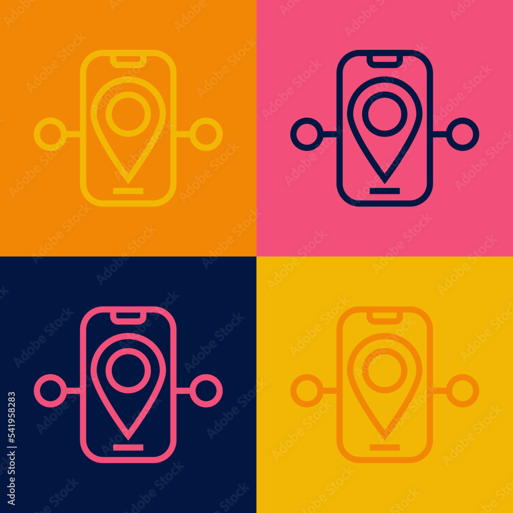 Poster pop art line route location icon isolated on color background. train line path of train road route w