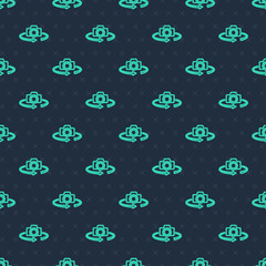 Green line 360 degree view icon isolated seamless pattern on blue background. Virtual reality. Angle 360 degree camera. Panorama photo. Vector