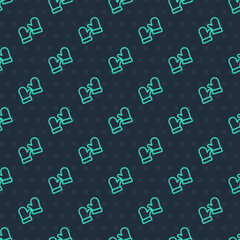 Green line Pair of knitted christmas mittens icon isolated seamless pattern on blue background. Mitten icon. Merry Christmas and Happy New Year. Vector