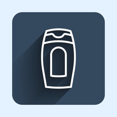 Fototapeta na wymiar White line Bottle of shampoo icon isolated with long shadow background. Blue square button. Vector