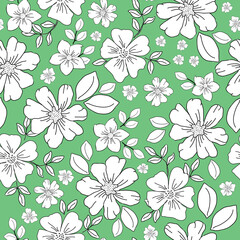 Fototapeta premium Cute floral pattern in a small flower. Seamless vector texture. An elegant template for fashionable prints. Printing with white flowers and leaves,black outline. green background.