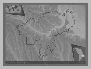 Causeni, Moldova. Grayscale. Labelled points of cities