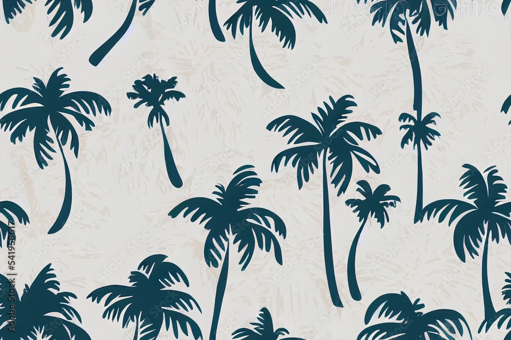 Poster Seamless safari pattern with lion, elephant and palm trees on white background. 2d illustrated illustration for printing on packaging paper, fabric, postcard, clothing. Cute children's background.